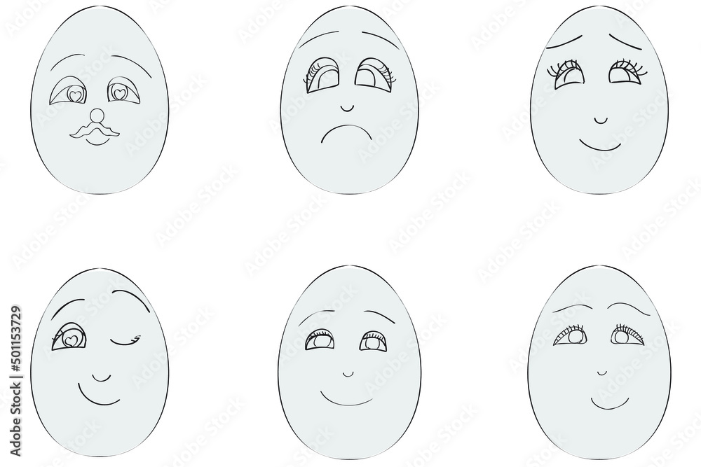 Easter eggs painted in black with white lines, eggs with different faces can be used for printing, postcards and other cases ․ Easter eggs painted in black with white lines, eggs with different faces can be used for printing, postcards and other cases ․