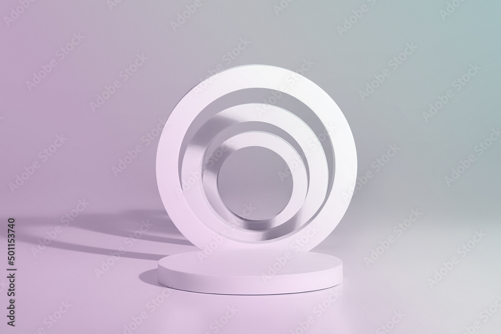 Obraz premium Cylindrical platform with vertical rings for product presentation on gray background