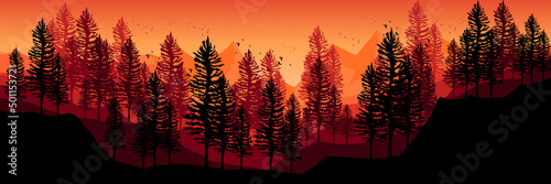 morning view mountain landscape with forest silhouette flat design vector illustration good for background, banner, backdrop, tourism design, apps background and wallpaper