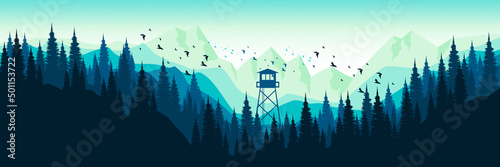 Fototapet morning view mountain landscape with forest silhouette flat design vector illust