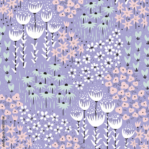 Vector seamless pattern background with pastel hand drawn flowers on purple background. Candy colors Cotton Candy, Lilac, Seaglass. Perfect for textile, fabric, wallpapers, graphic art, printing etc.