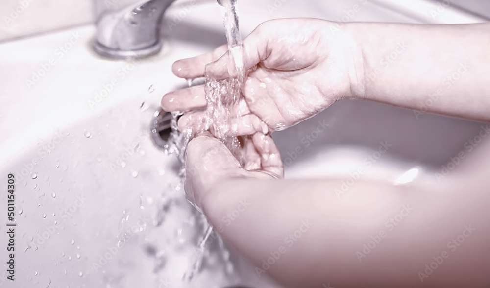 Fototapeta premium Hygiene rules. Hand washing before meals. Antibacterial treatment of hands with soap. A way to prevent virus infection. Coronavirus protection.