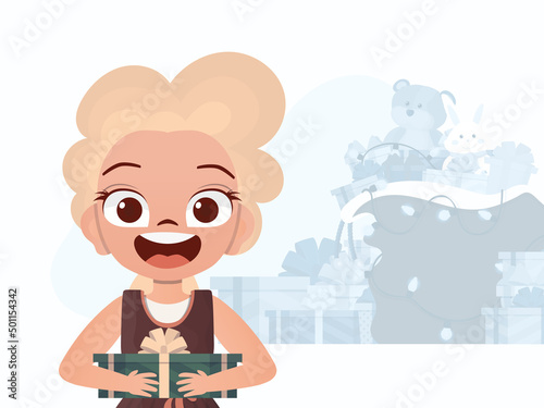 A little girl is holding a gift box. New Year's poster. Flat style.
