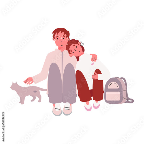 Boy and girl are sitting together with their bag and street cat. Refugee children vector concept illustration. Children stayed on the street alone.