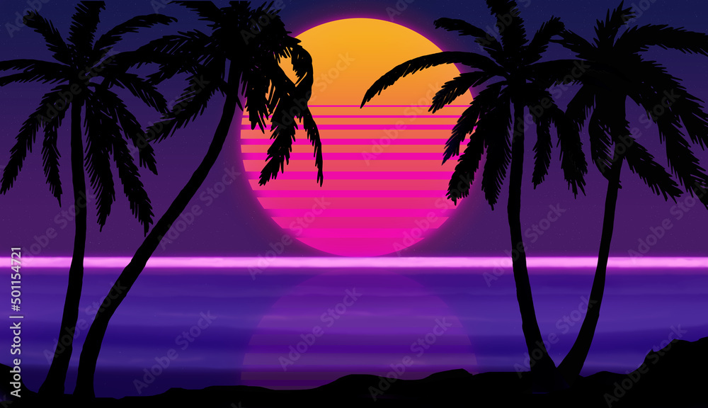 fantastic sunset on the beach with palm trees on a background of the starry sky