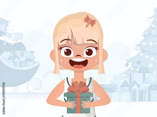 A little girl is holding a gift box in her hands. New Year's poster. Flat style.