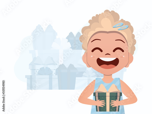 A little girl is holding a gift in her hands. New Year card. Flat style.
