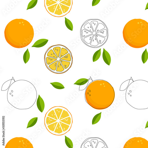 Fototapeta Naklejka Na Ścianę i Meble -  Seamless citrus pattern.  Orange pattern. Orange background. Fruit vector background. Natural and healthy food. Fresh juice
