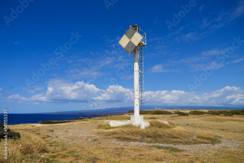 South Point Historical Lighthouse on the Big Island of Hawaii - Beacon and radio transmitter for maritime navigation on the southernmost point of the United States in the Pacific Ocean