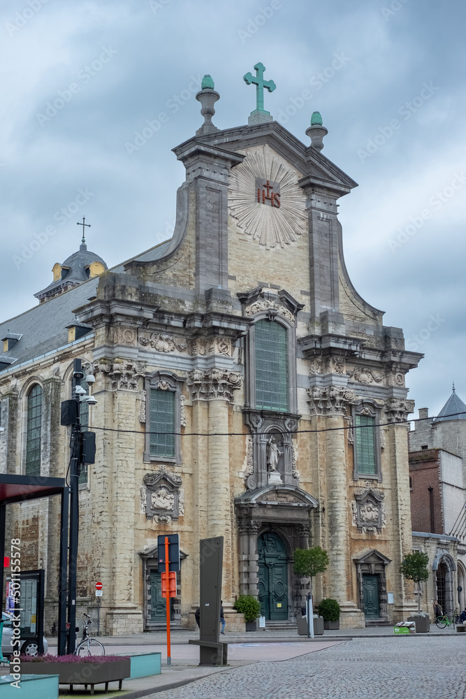 MECHELEN, Malines, Antwerp, BELGIUM, March 2, 2022, Baroque style facade of the Parish Church of St Peter and St Paul, Sint-Pieter-en-Paulkerk. High quality photo