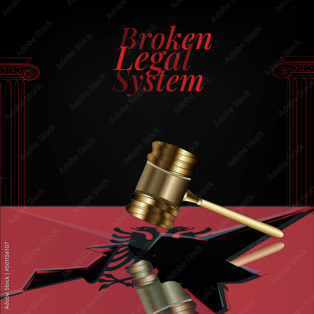 Albania's broken legal system concept art.Flag of Albania and a gavel