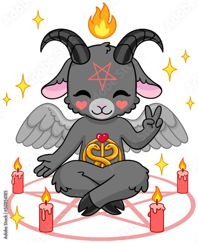 Baphomet with pentagram and candles. Goat as occult satanic symbol. Isolated vector outline for coloring book photo