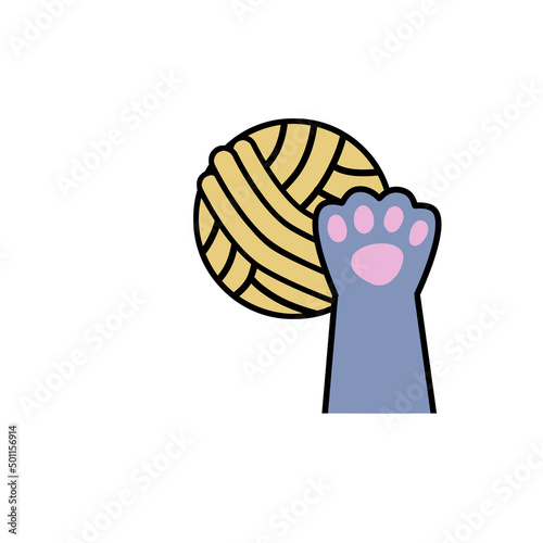 Cat paw hold skein of woolen threads. Playful pet. Activity and fun of animal. Hand caught ball. Cartoon illustration