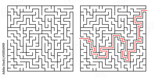 Abstract labyrinth for kids and adult on white background. Vector illustration with black square maze. Labyrinth with entry and exit.