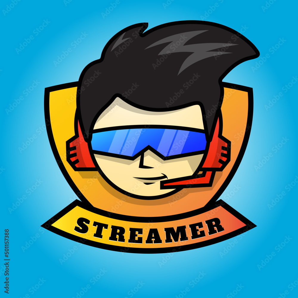 streamer mascot design, boy with big eyeglass and headset, vector ...