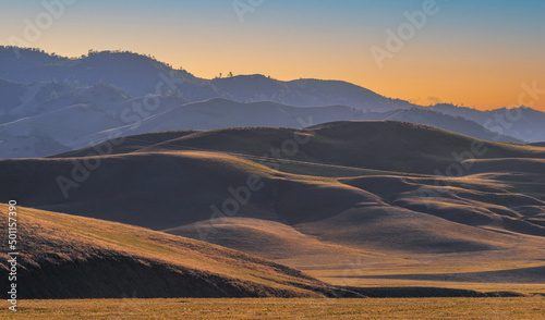 Long shadows cast over gentle rolling hills at dusk