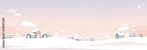 Winter wonderland background,Vector banner with copy space for Christmas, New Year celebration backdrop.Cute Panorama Winter Mountain landscape with house, pine tree on hill in pastel pink purple sky