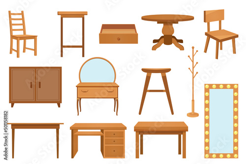 Wooden furniture. Interior. Set. Vector illustration