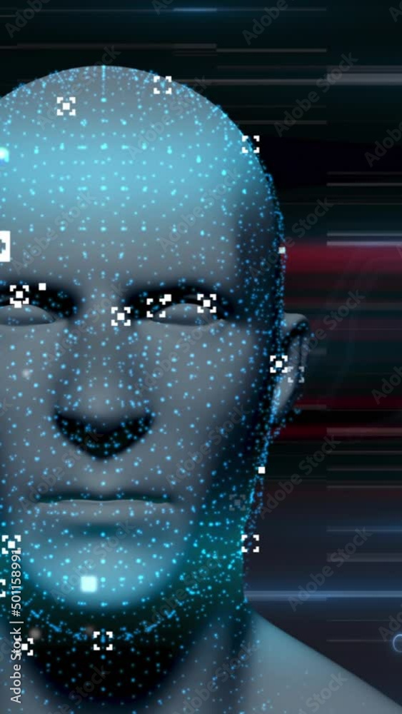 Animation of digital head over icons and neon lines Animation of digital head over icons and neon lines