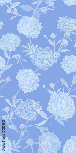 Wallpaper Mural seamless pattern with delicate light airy blue lush peonies. Loved by all flowers of peonies in a new reading in heavenly gentle pastel tones. Beautiful elegant design for fabric Torontodigital.ca
