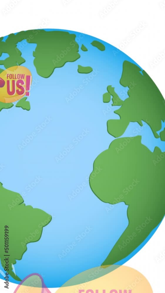 Animation of social media alerts floating over globe on white background