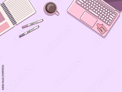 Laptop, notebook, cup, accessories on pink background. Top view concept, girl wokplace photo