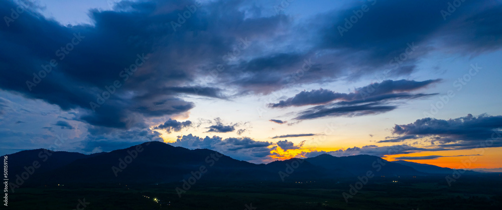  Panorama sky and cloud white and orange clouds, Beautiful sunset sky for Nature backgrounds of landscape panoramic photo 