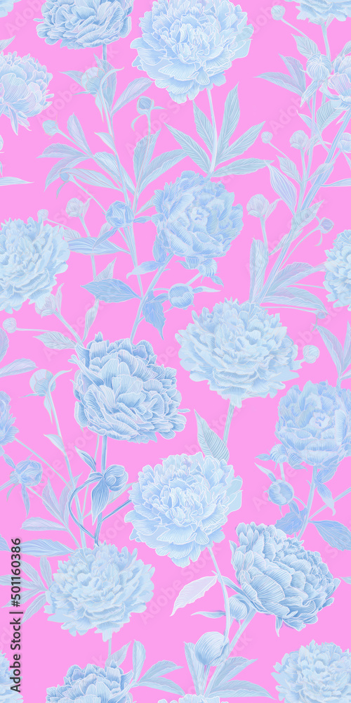seamless pattern with delicate light airy blue lush peonies. Loved by all flowers of peonies in a new reading in heavenly gentle pastel tones. Beautiful elegant design for fabric