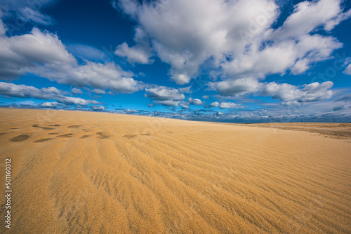 Blue skies, fluffy white clouds and wind rippled sand dunes at North Carolina's Jockey's Ridge State Park