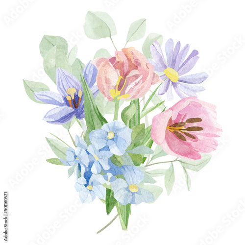Watercolor floral bouquet illustration with tulips  wildflowers  green leaves  for wedding stationery  greeting card  baby shower  banner  logo design.