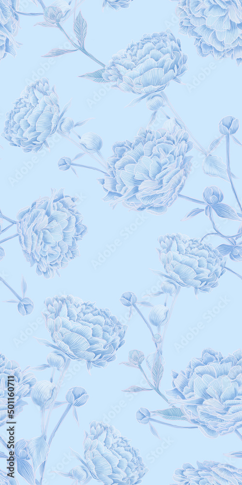 seamless pattern with delicate light airy blue lush peonies. Loved by all flowers of peonies in a new reading in heavenly gentle pastel tones. Beautiful elegant design for fabric