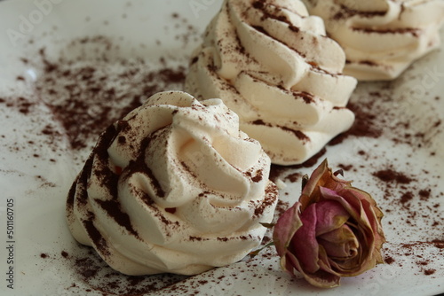 French vanilla meringue cookies in a white plate sprinkled with cocoa. Still life food style . Selective focus 