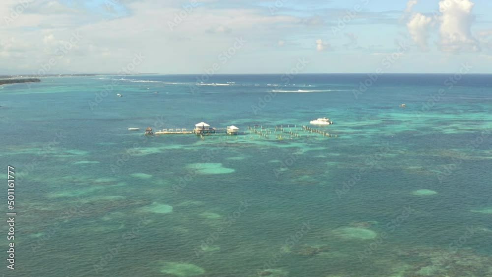 Dolphin explorer sea attraction offshore Punta Cana coast, drone.