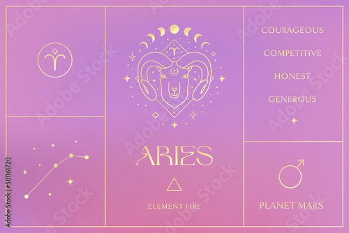 Aries Gold Zodiac Sign Design Illustrations. Esoteric Vector Element, Icon