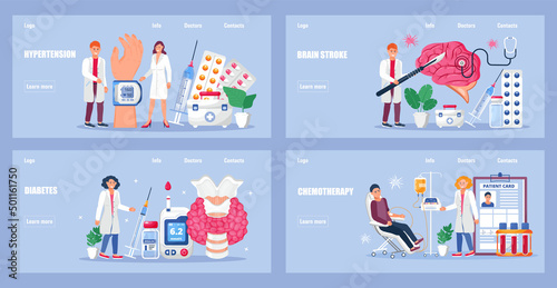 Cancer treatment, endocrine system disorder, hypertension, stroke illustration. Doctor s appointment. Endocrinologist, neurosurgeon, cardiologist concept vector.