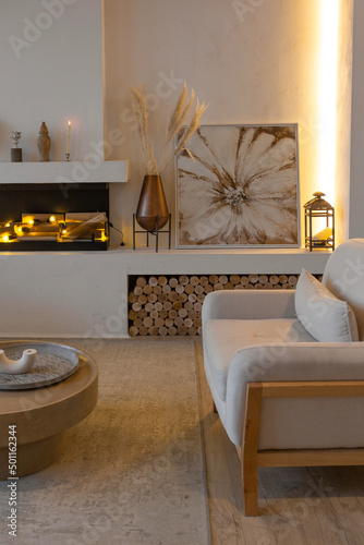 Obraz na plátně cozy warm home interior of a chic country house with an open plan, wood finishes, warm colors and a family hearth