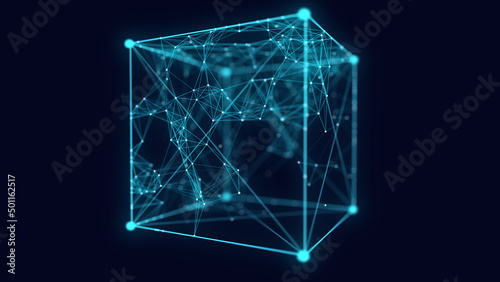 Cube of plexus lines. Technological structures. Digital blockchain concept and data transfer system. Abstract wireframe cube. 3d rendering.