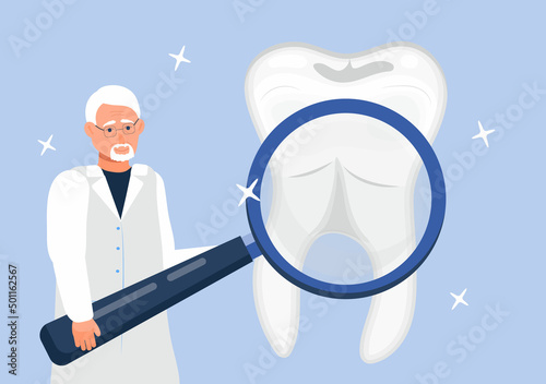 Dental services vector concept. Doctor takes magnifier glass. Dentist make scan of teeth to help toothache