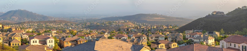 Panoramic view of a mountainous suburban community at San Marcos, California