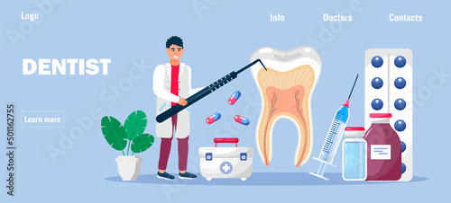 Dental services vector concept for landing page. Dentists make x-ray scan of teeth to help toothache, to whiten enamel or recovery implant.
