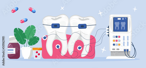 Dental services vector concept for landing page. Dentists make x-ray scan of teeth to help toothache, to whiten enamel or recovery implant.