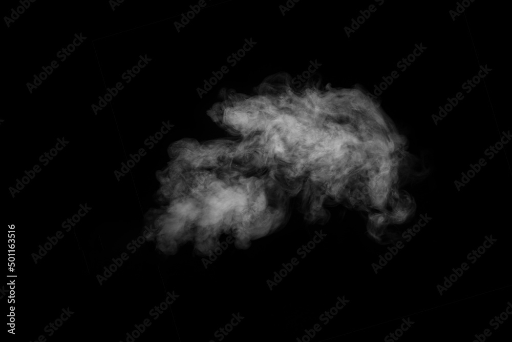 Swirling, wriggling smoke, steam, isolated on a black background for overlaying on your photos. Fragment of horizontal steam