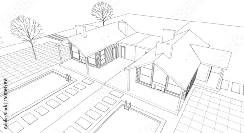 wooden architecture sketch 3d rendering