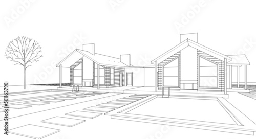 wooden architecture sketch 3d rendering