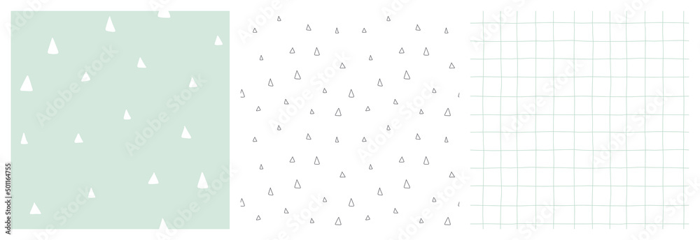 Scandi baby boy seamless pattern set with minimalist triangle and greed designs on pastel green and white backgrounds.