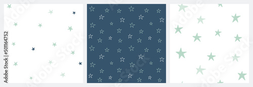 Baby boy seamless pattern with stars in night sky navy, spring green and white colors for bedding textile or clothing fabric.