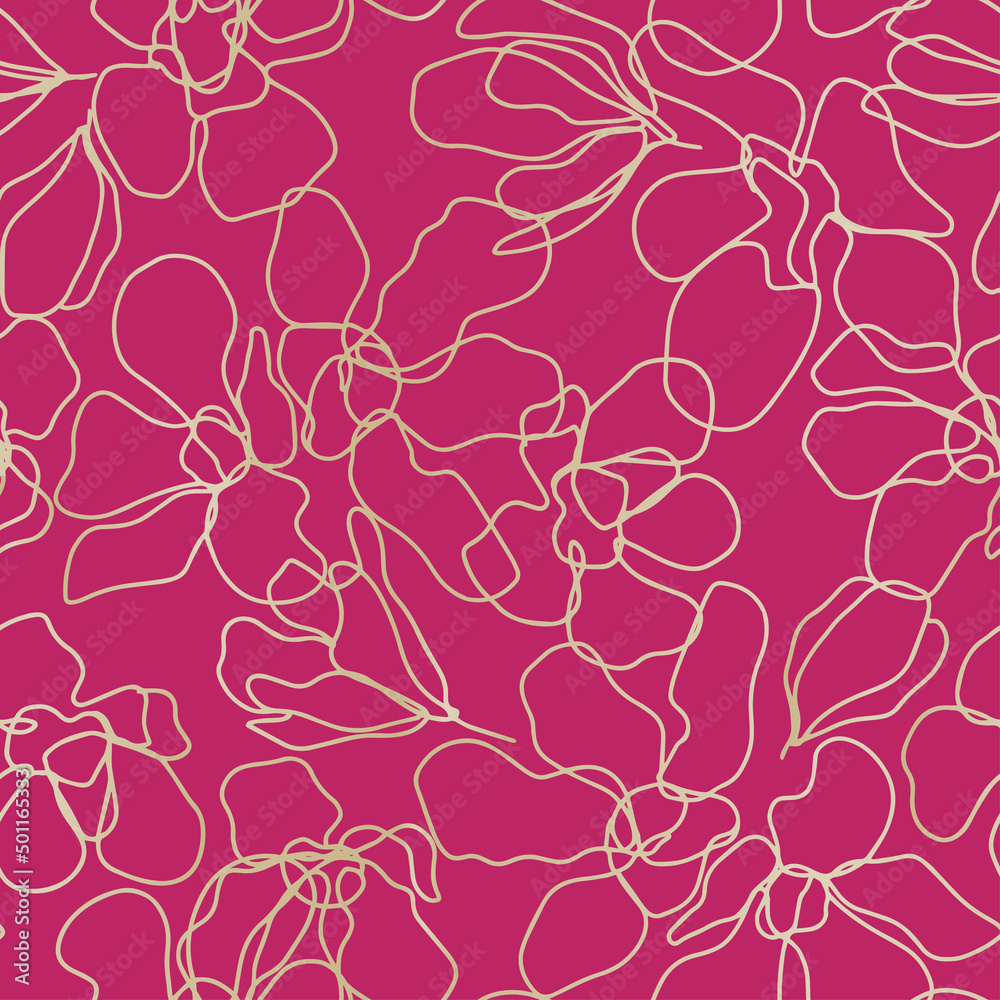 Luxury floral seamless pattern with gold blossoms on rich pink background. Feminine vector design with flowers for flyer or poster background, . Luxury floral seamless pattern with gold blossoms on rich pink background. Feminine vector design with flowers for flyer or poster background, .