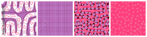 Abstract pink and purple vector seamless pattern with labyrinth design.  Colourful eye catching background collection with coordinating designs in trendy 2023 colors. 