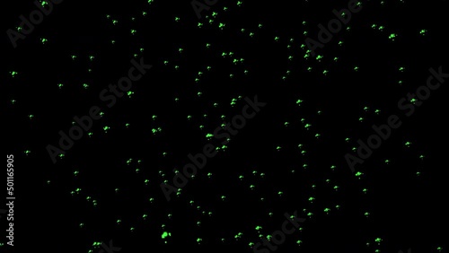 Futuristic snowfall overlay in green lighting, black background - winter, slowly falling snow effect - green screen. Beautiful background. 3D. 4K. Isolated black background.