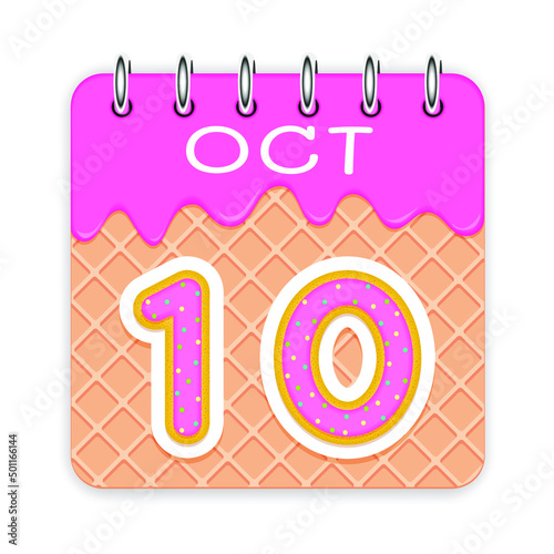 10 day of a month. October. Waffle cone calendar with melted ice cream. 3d daily icon. Date. Week Sunday, Monday, Tuesday, Wednesday, Thursday, Friday, Saturday. White background Vector illustration
